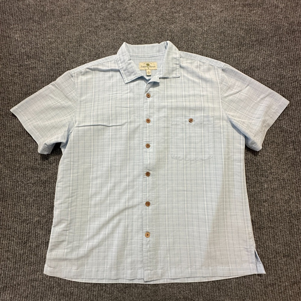 Island Shores Mens Button Up Shirt Size XL Light Blue Plaid Pocket Short Sleeve